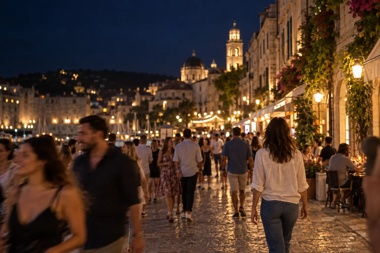 A woman walks hands-free through a busy old town street at night